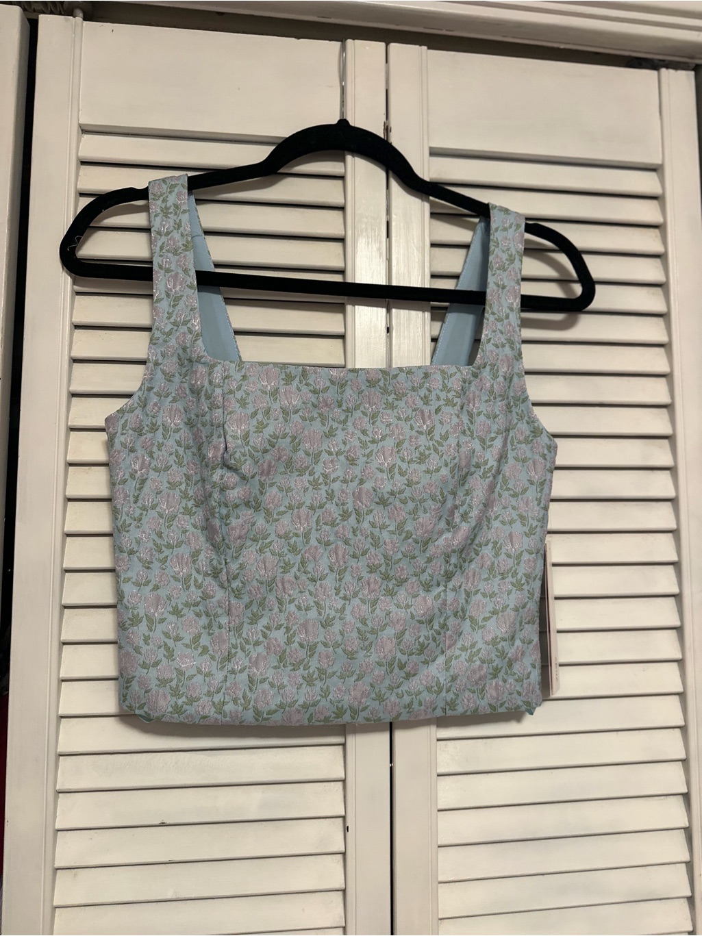 Bloomingdale's Aqua Pastel Blue Floral Square-Neck Crop Top & Matching Skirt